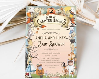 Halloween Storybook Baby Shower Invitation, Chapter Book Themed, Alice in Wonderland, Winnie the Pooh, Peter Rabbit, Gender Neutral, ST55