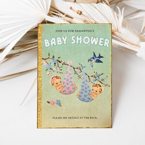 Boy and Girl Twins Baby Shower Invite, Retro Storybook Twins Baby Shower Invitation, Vintage Chapter Book Themed Baby Shower Invite, ST1GBT image 2
