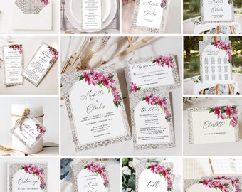 Mediterranean Wedding Invitation Bundle, Brown Tiles Bougainvillea, Summer Wedding, Tropical Wedding, Destination Wedding, Large Bundle, ME1