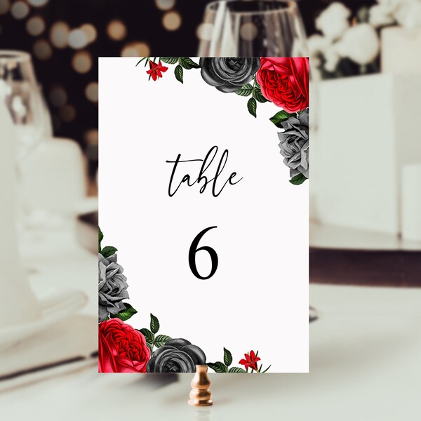 Red and Black Table Number, Black Tie Table Number, Editable Wedding Template, Custom Wedding Signage, Gothic Wedding Card, Midnight