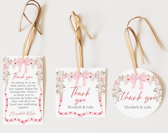 A Little Sweetheart Baby Shower Gift Tag Template, Editable Valentine's Day Favor Tag, Coquette Pink Bow and Hearts, Pink Flowers, B63