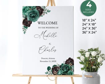 Emerald Green Wedding Welcome Sign, Black and Green Floral Custom Sign, Moody Botanical Wedding Template, Modern Romantic, HAL20