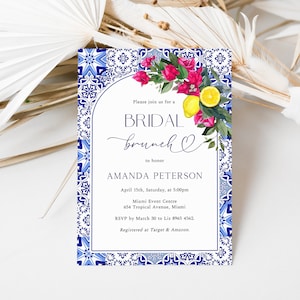 Mediterrane Zitronen-Braut-Brunch-Einladung, Zitrus-Einladung, Pink-Blumen, Bougainvillea-Blau-Kacheln laden ein, Santorini-Italienisch, ME16