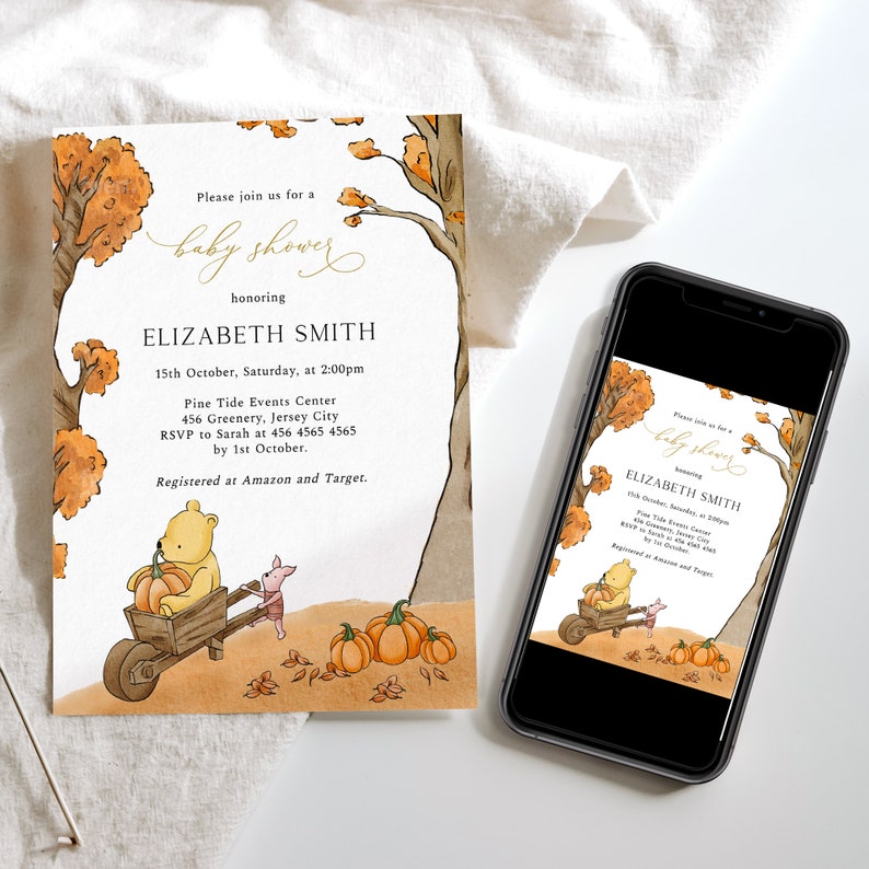 May include: A baby shower invitation featuring a watercolor illustration with Winnie the Pooh pushing a wheelbarrow of pumpkins. The invitation includes event details and the name Elizabeth Smith. The design has an autumn theme.