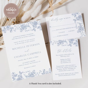 Dusty Blue Wedding Invitation Set, Blue Floral Line Art, Botanical Invitation Template, Printable Bridal Shower, Instant Download, SP16