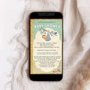 May include: A blue and yellow baby shower invitation with a cartoon baby in a blue hat. The invitation says "Join us for Samantha's Baby Shower" and includes the date, time, location, and RSVP information. It also says "Books for Baby" and asks guests to bring a book instead of a card.