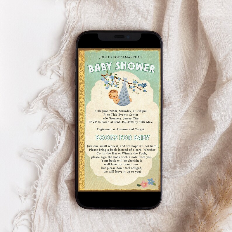 May include: A blue and yellow baby shower invitation with a cartoon baby in a blue hat. The invitation says "Join us for Samantha's Baby Shower" and includes the date, time, location, and RSVP information. It also says "Books for Baby" and asks guests to bring a book instead of a card.