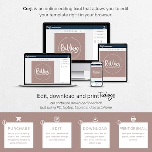 May include: A digital design template displayed on a laptop, desktop, tablet, and smartphone. The text reads "Corjl" and "Edit, download and print today!" with instructions for purchase, edit, download, and print or email.
