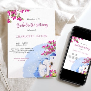 May include: A printable invitation for a bachelorette getaway to Mykonos, Greece. The invitation features a watercolor illustration of a whitewashed building with blue accents and pink flowers. The text on the invitation reads "Please join us for Bachelorette Getaway in honor of Charlotte Jacobs" and includes the dates April 8-15, 20XX.