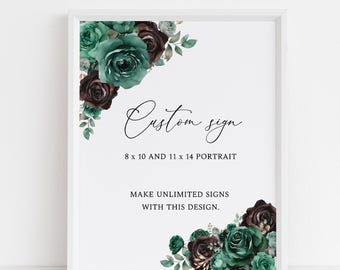 Emerald Green Wedding Custom Sign, Black and Green Floral Personalized Sign, Moody Botanical Wedding Template, Modern Romantic, HAL20
