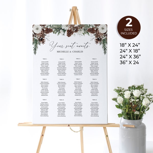 Xmas Wedding Decor, Winter Wedding Seating Chart, Christmas Wedding, Seating Sign Template, Wedding Seating Sign, Pine Cones, W19