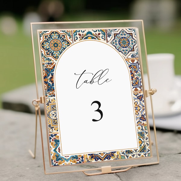 Modèle imprimable de numéro de table de mariage espagnol, numéro de table italien toscan, décor de table méditerranéenne, carreaux de mosaïque, téléchargement instantané, ME14
