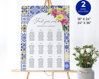 Mediterranes Hochzeits-Sitzschild, blaue Fliesen, pinkfarbene Bougainvillea, gelbe Blumen, toskanisches Italienisch, Amalfi, Santorini, ME25