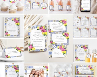 Mediterranean Lemon Baby Shower Invitation Big Bundle, Blue Tiles Bougainvillea Lemon, Tuscan Italian, Santorini, Summer Baby Shower,ME2