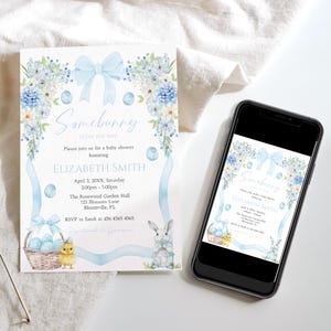 May include: A baby shower invitation with a blue and white floral design. The invitation features the text "Somebunny is on the way" and details for the event, including the honoree's name, date, time, and location.