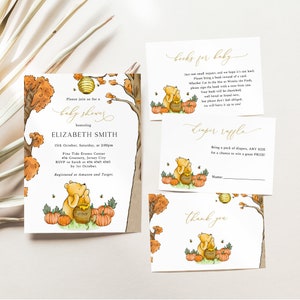 Winnie The Pooh Fall Baby Shower Invitation Set, Editable Bear Baby Shower Invitation, Autumn Baby Shower, Storybook Baby Shower, WP08