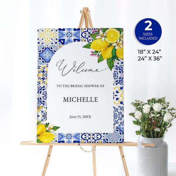 Mediterranean Lemon Bridal Shower Welcome Sign, Blue Tiles Lemon Sign, Citrus Welcome Sign, Sicilian, Santorini, Greek Wedding, Amalfi, ME3