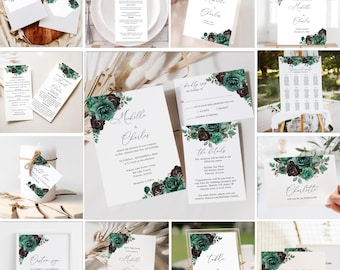 Emerald Green Wedding Invitation Big Bundle, Black and Green Floral Wedding Invite, Moody Botanical Wedding Template, Instant Download,HAL20