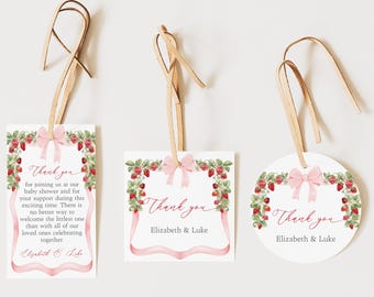 Strawberry Baby Shower Gift Tags, Someone Berry Sweet is on the Way, Coquette Baby Girl Ribbon Pink Bow Favor Labels, Berries Fruits, B66