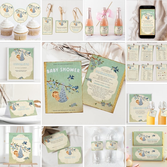 Retro Storybook Baby Shower Big Bundle, Chapter Book Themed Baby Shower Invite, Baby Shower Boy, Editable Vintage Baby Shower Invite, ST1B