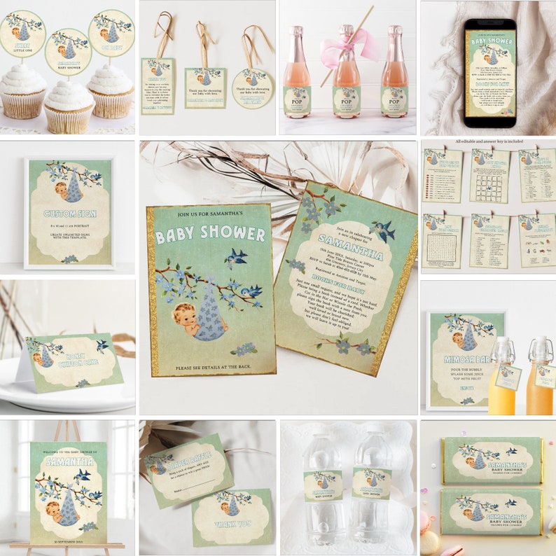 May include: A baby shower invitation suite with a blue and green color scheme. The design features a baby in a bunting hanging from a tree branch with birds flying around. The invitation includes the text "Join us for Samantha's Baby Shower".