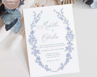 Dusty Blue Chinoiserie Wedding Invitation, Blue Floral Line Art, Botanical Invitation, Printable Bridal Shower, Instant Download, SP15