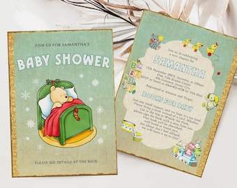 Winnie the Pooh Winter Retro Storybook Baby Shower Invitation, Chapter Book Themed Baby Shower Invite, Editable Winter Vintage Invite, ST26