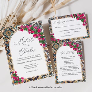 Spanische Hochzeitseinladung, italienische Hochzeit, Bougainvillea, rosa Blumen, Bogen, Majolika, Sofort Download, ME13