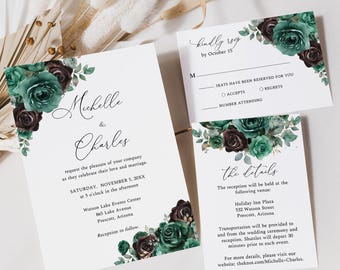 Emerald Green Wedding Invitation Set, Black and Green Floral Wedding Invite, Moody Botanical Wedding Template, Instant Download, HAL20