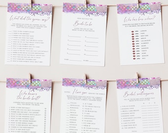 May include: A set of printable bridal shower games with a purple, pink, and gold mermaid theme. The games include "What did the groom say?", "How old is the bride to be?", "Who has been where?", "Who knows the bride best?", "I love you around the world", and "Bridal scattergories".
