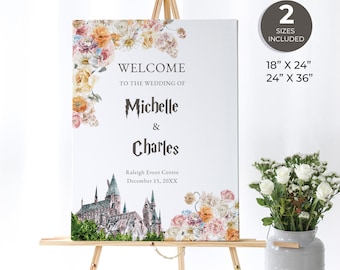 Magisch bruiloft welkom teken, kasteel welkom teken, neutrale bloemen, beige bloemen, zomer bruiloft aangepaste teken, kleurrijke bloemen, SP08