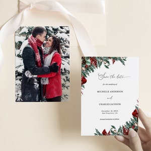 Modelo para salvar a data de inverno, vegetação de inverno, salvar a data de Natal, bagas de azevinho, pássaro cardeal vermelho, download instantâneo, W35