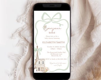 Parisian Café Baby Shower Electronic Invitation, Editable Eiffel Tower Baby Shower, Bonjour Bebe, Gender Neutral Evite, Coquette Paris, B75