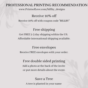 May include: A light gray informational graphic with black text titled PROFESSIONAL PRINTING RECOMMENDATION. It lists services including a website link, a 10% discount code BILLBY, free shipping, free envelopes, free double-sided printing, and a tree planting initiative.