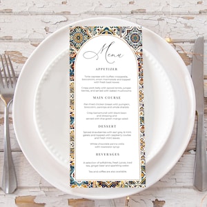 Spanish wedding menu printable template, Tuscan Italian Mediterranean table decor, Alhambra Andalusia Moorish, ME14