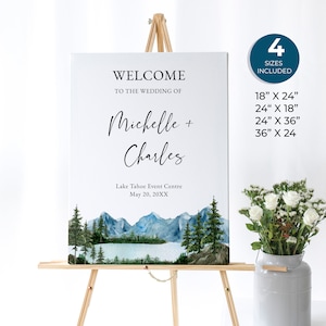 Cartello di benvenuto per matrimonio in montagna, cartello per matrimonio sul lago, poster per matrimonio sul lago Tahoe, arredamento per matrimonio in montagna, cartello per matrimonio rustico con foresta, Callie