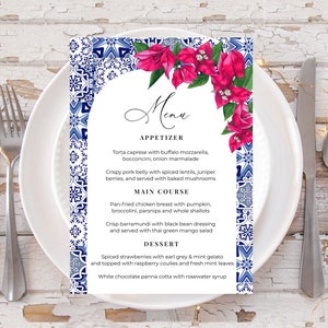 Mediterranean Menu Template, Blue Azulejo Tiles Menu, Dinner Menu, Summer Wedding Menu, Fuschia Bougainvillea, Printable Menu, ME6