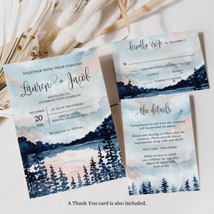 Faire-part de mariage forêt bleue, faire-part de mariage montagne, faire-part de mariage lac, faire-part de mariage forêt, faire-part de mariage bleu