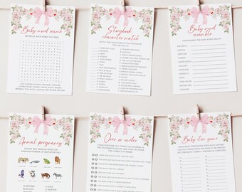 Editable A Little Sweetheart Baby Shower Games, Valentine's Day, Coquette Pink Bow and Hearts, Pink Flowers, Girl Baby Shower, B63