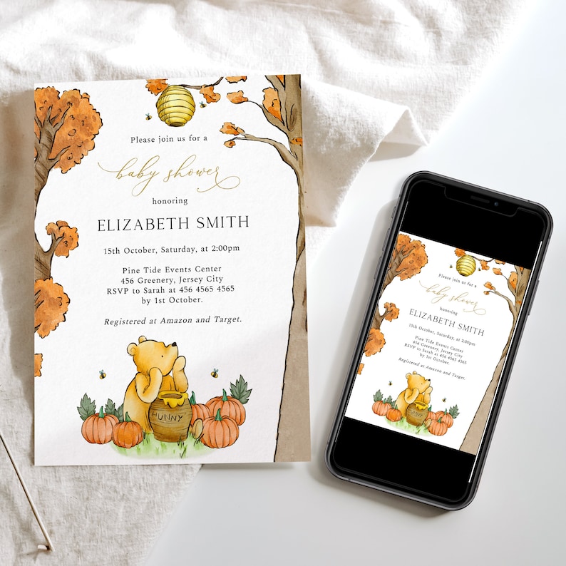 May include: Baby shower invitation featuring a watercolor illustration with a Winnie the Pooh theme. The design includes a honey pot, pumpkins, and autumn trees. The invitation text reads "baby shower" and details the event for Elizabeth Smith.