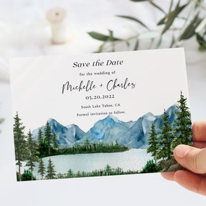 Save The Date Mountain, Save The Date Lake Tahoe, Lake Save The Date, Mountain Wedding Template, Destination Wedding Invite, Callie