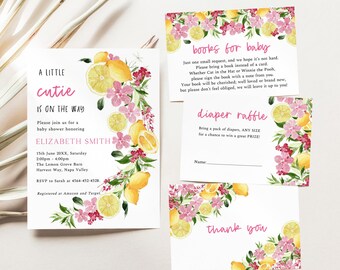 Pink Flowers and Lemon Baby Shower Invitation Invitation Set, Pink Citrus Baby Brunch Baby Girl Lemonade Shower, A Little Cutie, ME39