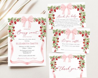 Strawberry Baby Shower Invitation Set, Someone Berry Sweet is on the Way, Coquette Baby Girl Ribbon Pink Bow, Berries Fruits Invite, B66