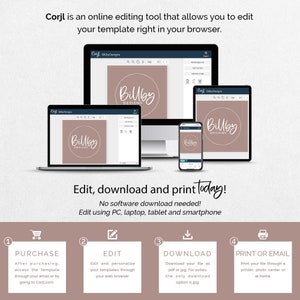 May include: A graphic showing how to edit, download, and print a template using the Corjl online editing tool. The graphic shows a computer, laptop, tablet, and smartphone, each displaying a template with the text "Billby Designs". The graphic also includes four steps: purchase, edit, download, and print or email.