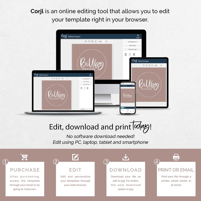 May include: A graphic showing how to edit, download, and print a template using the Corjl online editing tool. The graphic shows a computer, laptop, tablet, and smartphone, each displaying a template with the text "Billby Designs". The graphic also includes four steps: purchase, edit, download, and print or email.