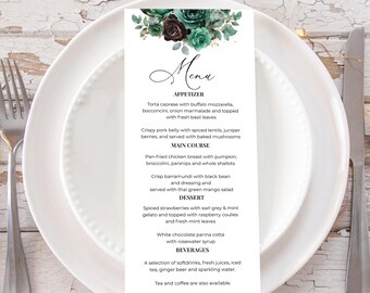 Emerald Green Menu Template, Black and Green Floral Menu Card, Moody Botanical Printable Menu, Modern Romantic, Wedding Template, HAL20