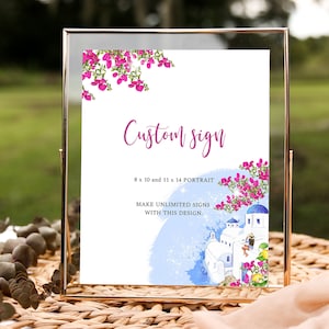 Sinal personalizado de santorini, sinal de casamento de destino, sinal personalizado de viagem para impressão, despedida de solteira da grécia, buganvílias, sinal mediterrâneo