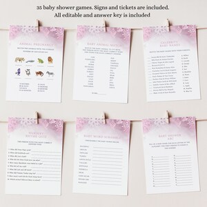 Pink snowflake baby shower games, winter baby shower games bundle, Christmas baby shower games, printable games, editable games, W04