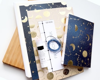 French Link Stitch Book Binding kit and celestial gift with Lined or Blank pages, softcover and optional tools for a complete starter set