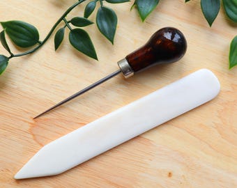 Wooden Awl & Hand Carved Bone Folder Set for making books, book binding tools for paper crafts, restoring old books and making new book arts